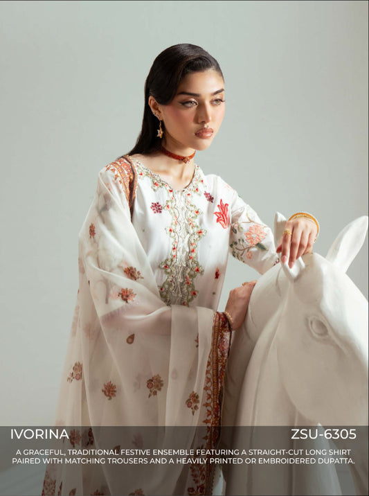 Zariya Ivorina (ZSU-6305) - Ivory Floral Pakistani Salwar Suit | Studio Wedding Collection