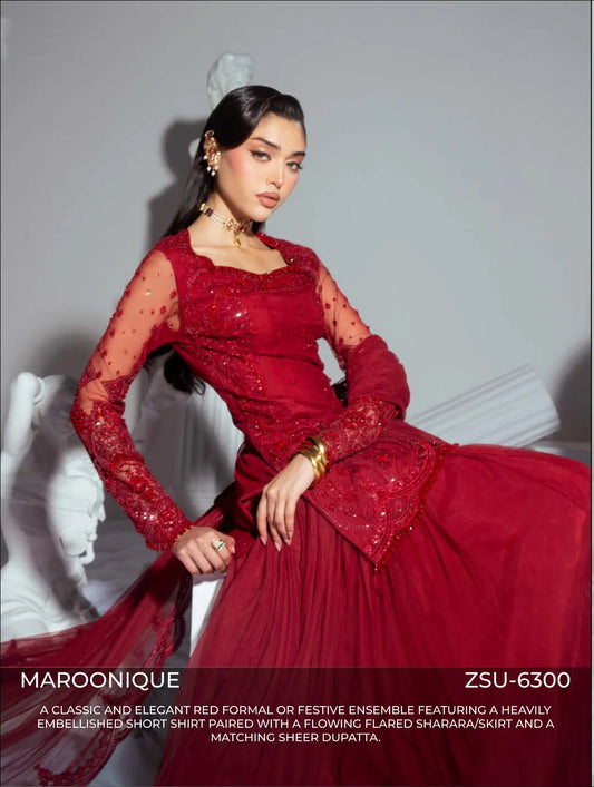 Zariya Maroonique (ZSU-6300) - Red Embroidered Pakistani Salwar Suit | Studio Elyse Wedding Collection