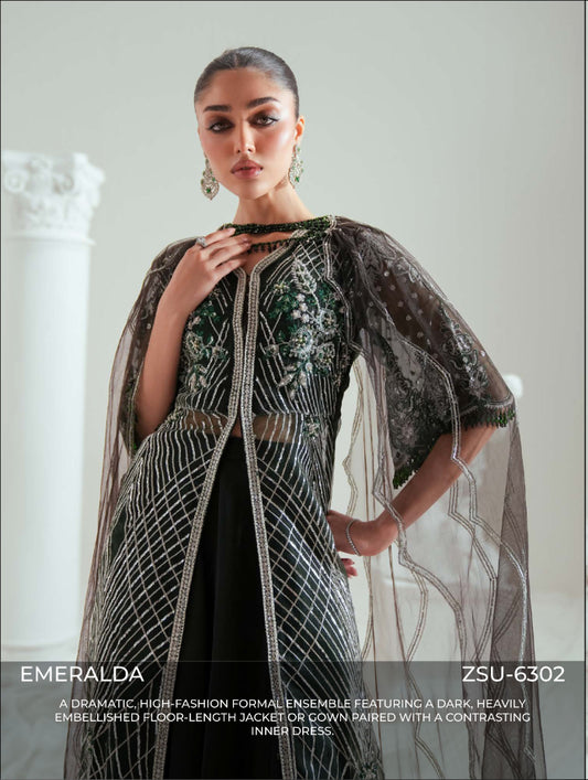 Zariya Emeralda (ZSU-6302) - Dark Emerald High-Fashion Pakistani Suit & Jacket | Wedding Collection