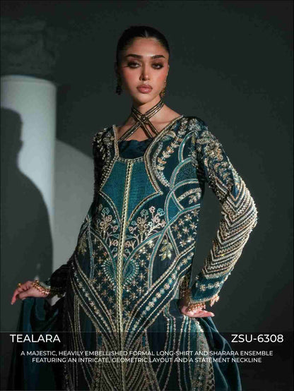 Zariya Tealara (ZSU-6308) - Teal Geometric Pakistani Sharara Suit | Wedding & Festive Couture