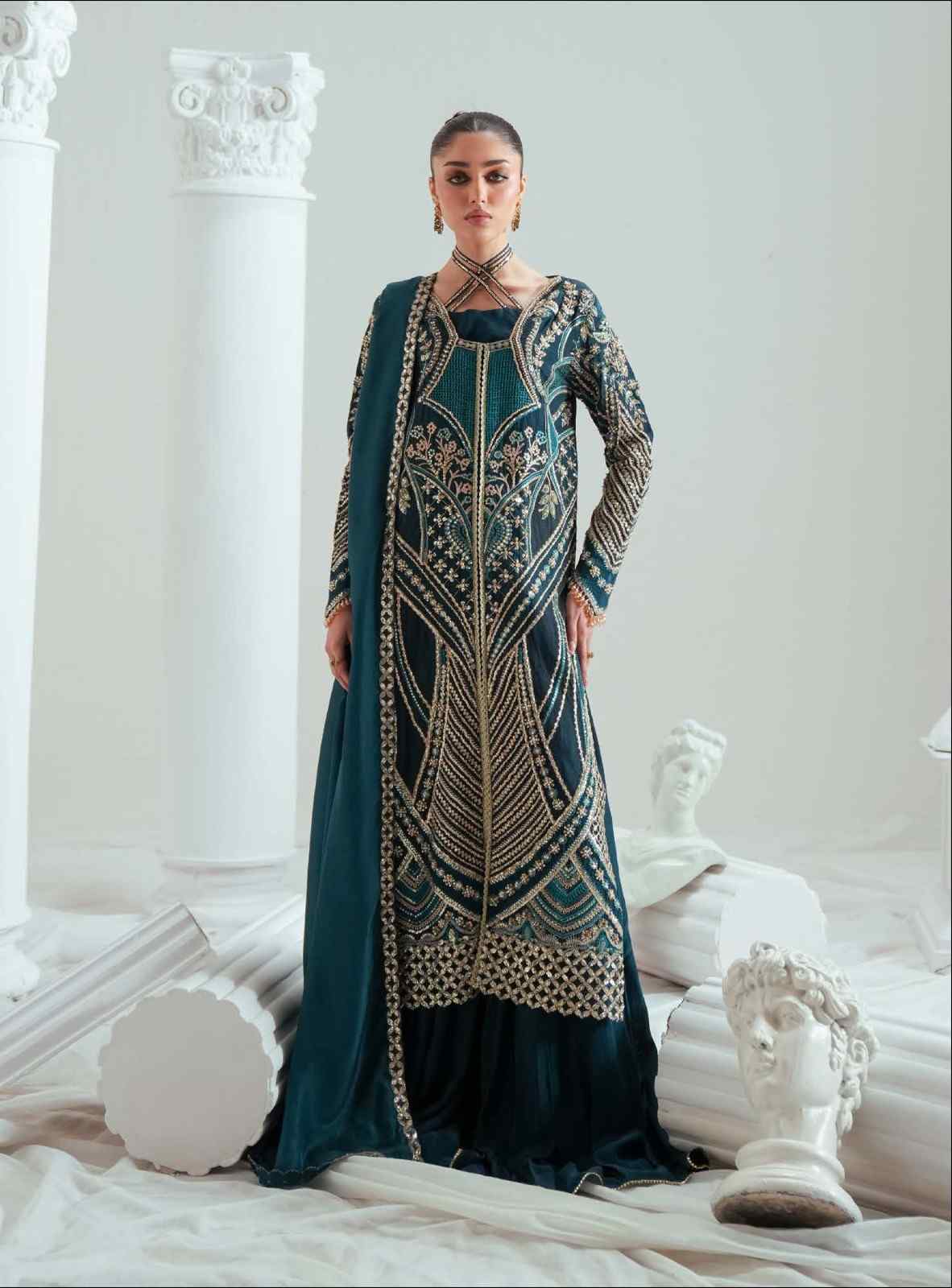Zariya Tealara (ZSU-6308) - Teal Geometric Pakistani Sharara Suit | Wedding & Festive Couture