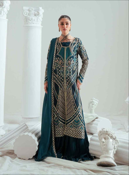 Zariya Tealara (ZSU-6308) - Teal Geometric Pakistani Sharara Suit | Wedding & Festive Couture