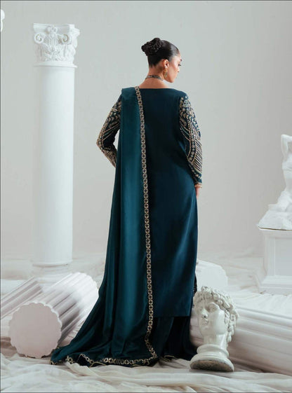 Zariya Tealara (ZSU-6308) - Teal Geometric Pakistani Sharara Suit | Wedding & Festive Couture