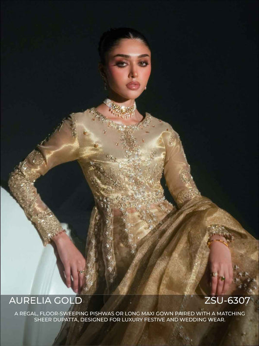 Zariya Aurelia Gold (ZSU-6307) - Floor-Sweeping Wedding Pishwas Abaya | Studio Zariya Elyse