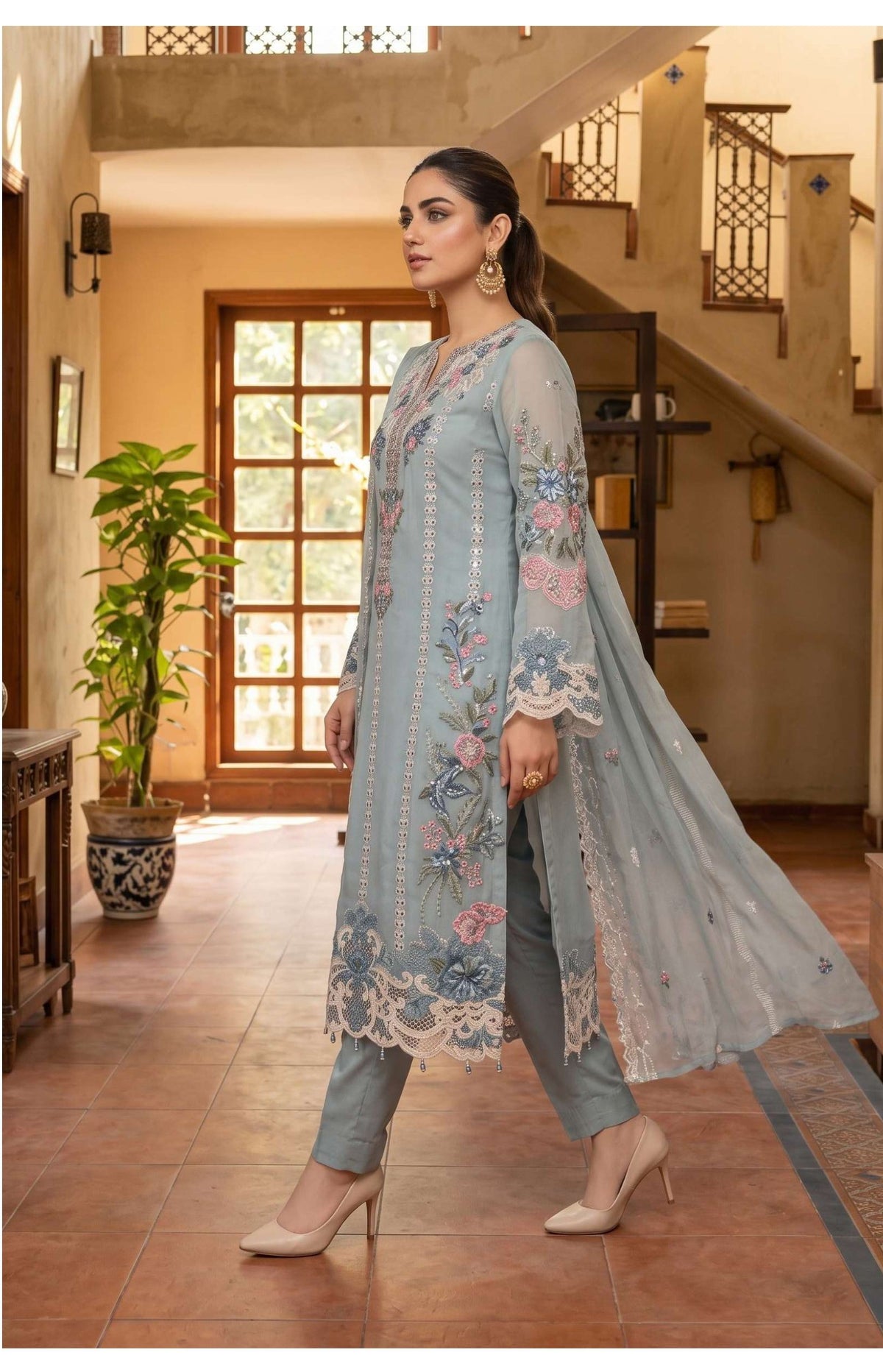 Tawakkal Zafielle Design D-5102: Sky Grey Pakistani Salwar Kameez Suit