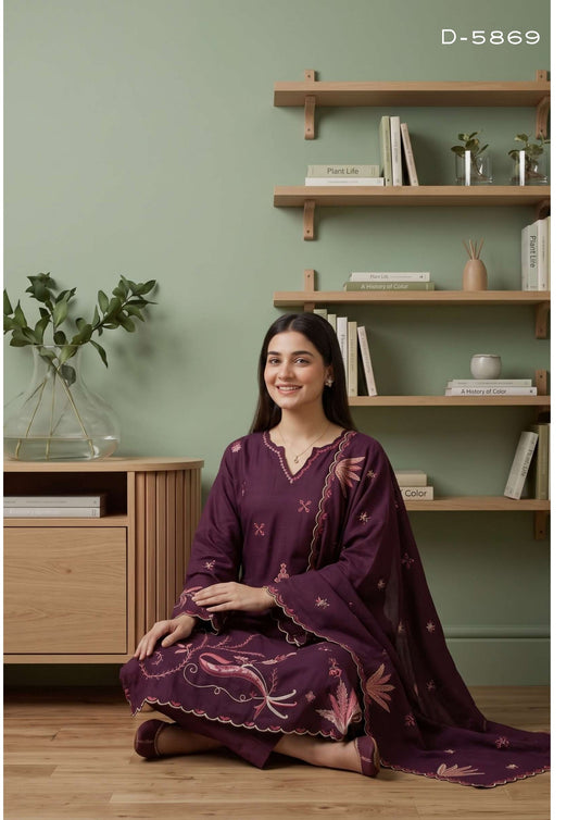 Tawakkal Aysana D-5869 Deep Plum Embroidered Khaddar Suit - Designer Pakistani Salwar Kameez Women Clothing for Bride & Wedding Wear