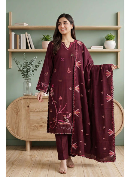 Tawakkal Aysana D-5874 Maroon Wine Embroidered Khaddar Pakistani Suit - Women Clothing Salwar Kameez for Wedding Reception &amp; Bridal Wear