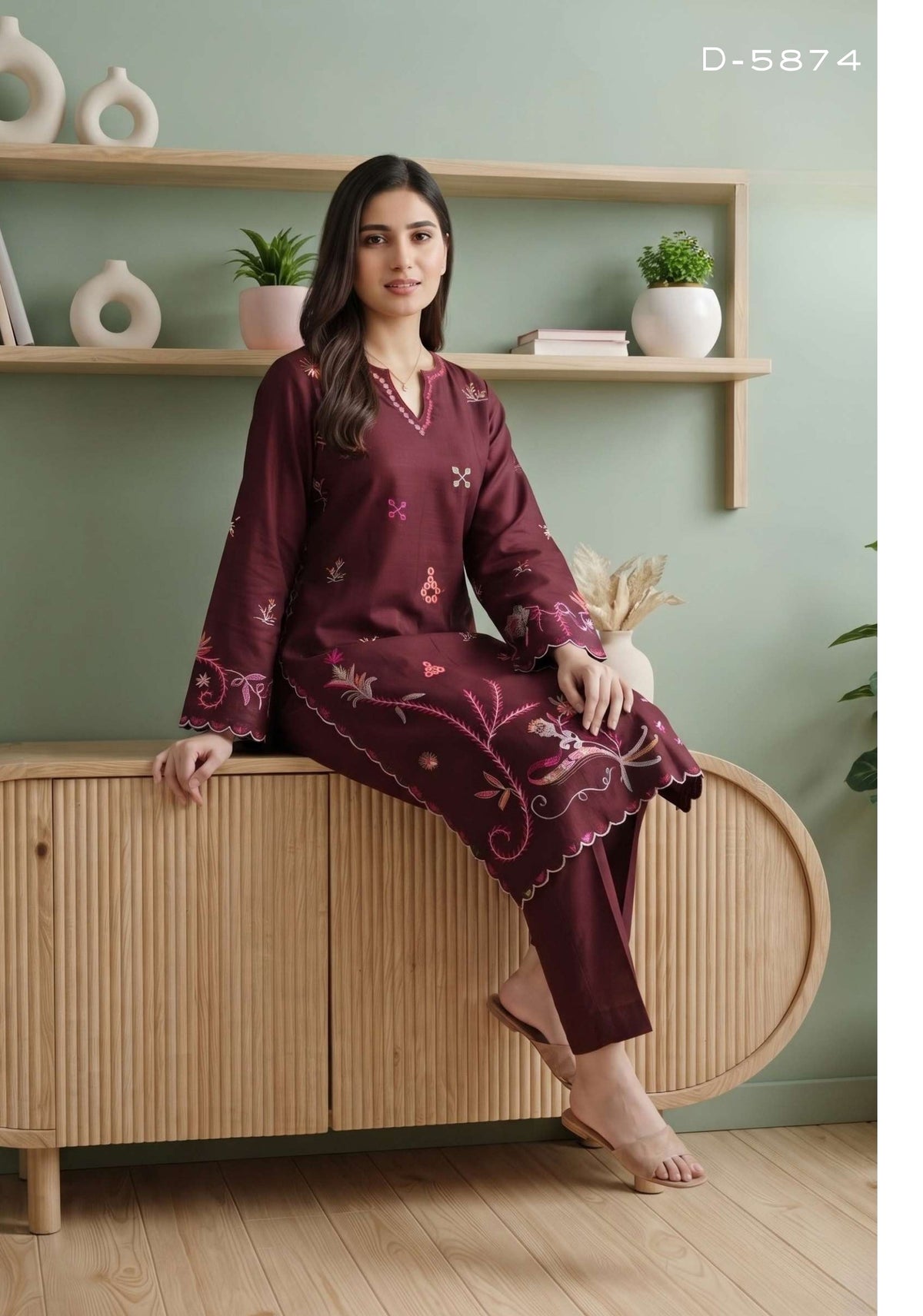 Tawakkal Aysana D-5874 Maroon Wine Embroidered Khaddar Pakistani Suit - Women Clothing Salwar Kameez for Wedding Reception &amp; Bridal Wear