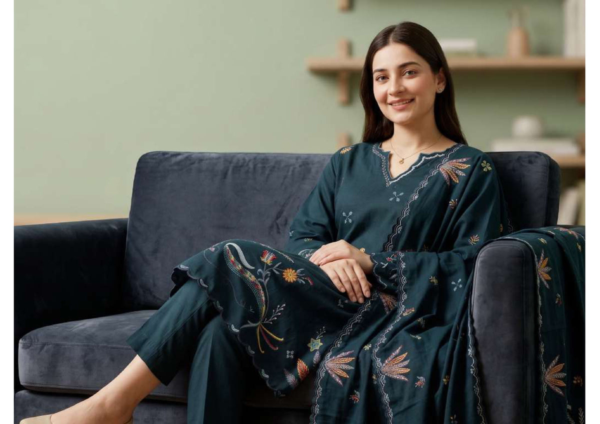 Tawakkal Aysana D-5867 Dark Teal Embroidered Khaddar Pakistani Suit - Women Clothing Salwar Kameez for Wedding & Festive Party Wear
