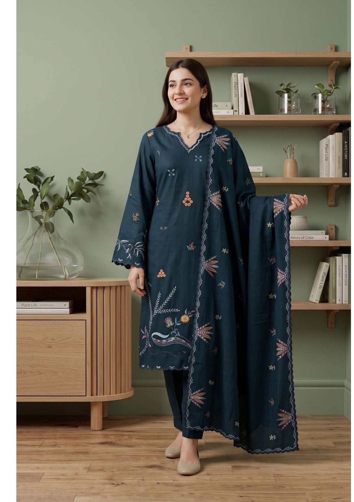 Tawakkal Aysana D-5867 Dark Teal Embroidered Khaddar Pakistani Suit - Women Clothing Salwar Kameez for Wedding & Festive Party Wear