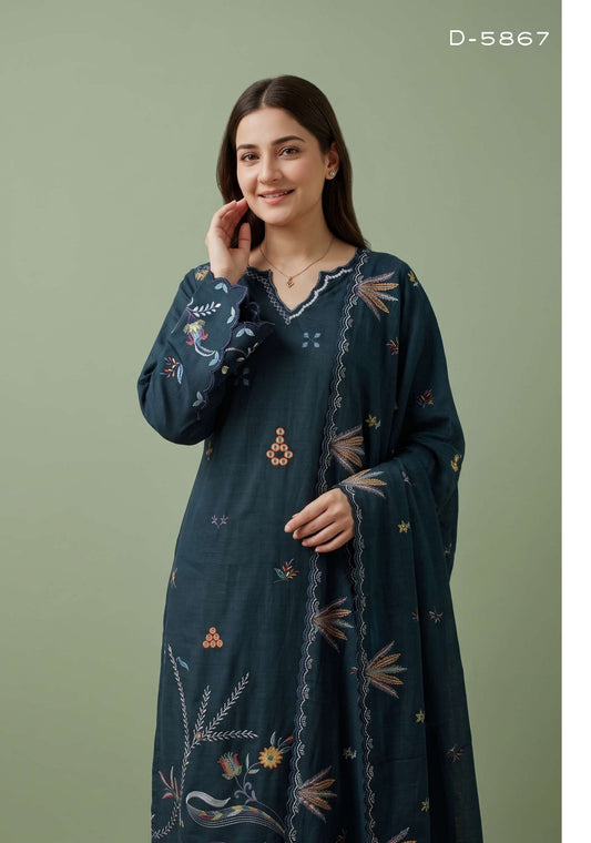 Tawakkal Aysana D-5867 Dark Teal Embroidered Khaddar Pakistani Suit - Women Clothing Salwar Kameez for Wedding & Festive Party Wear