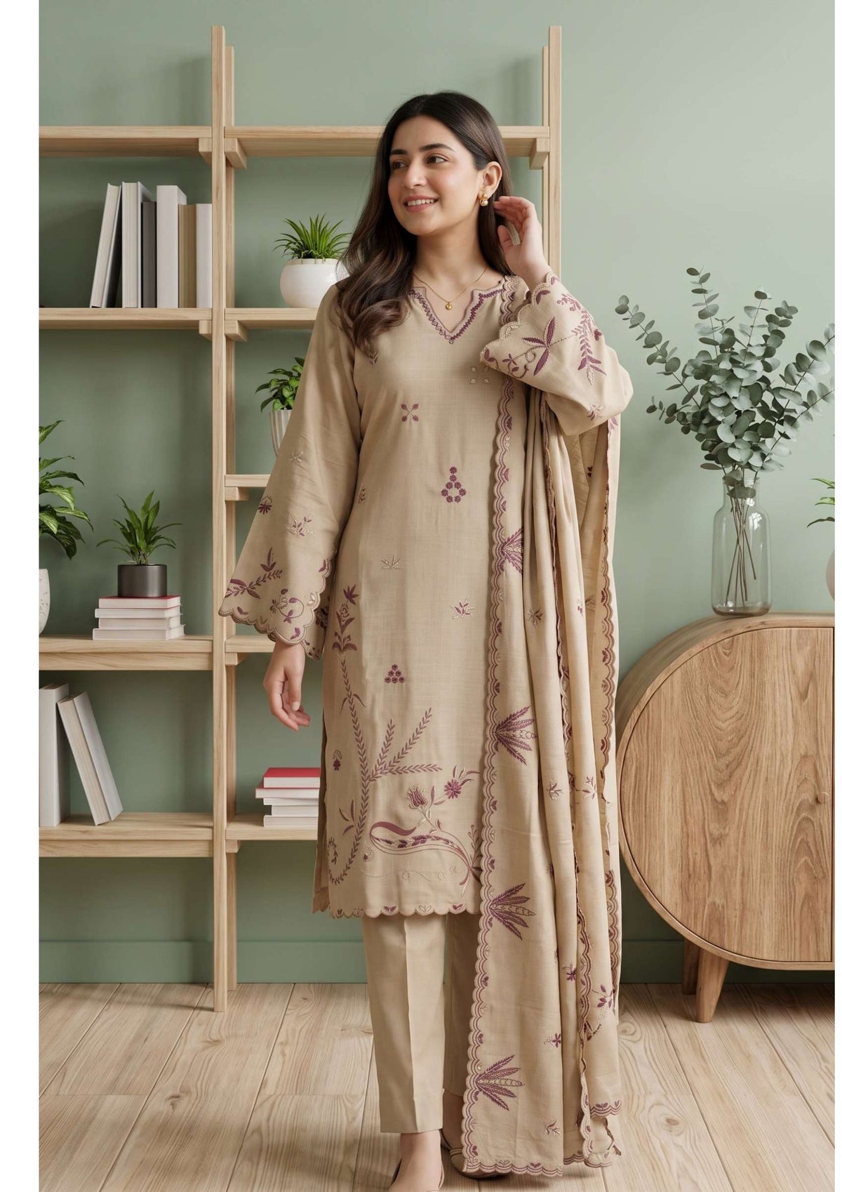 Tawakkal Aysana D-5870 Beige Embroidered Khaddar Pakistani Suit - Nude Taupe Salwar Kameez Women Clothing for Day Wedding & Birthday Party