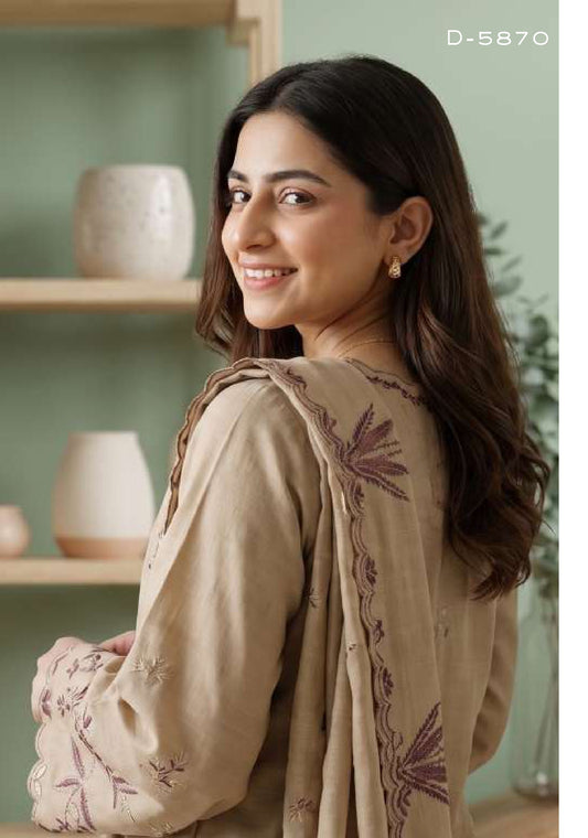 Tawakkal Aysana D-5870 Beige Embroidered Khaddar Pakistani Suit - Nude Taupe Salwar Kameez Women Clothing for Day Wedding & Birthday Party