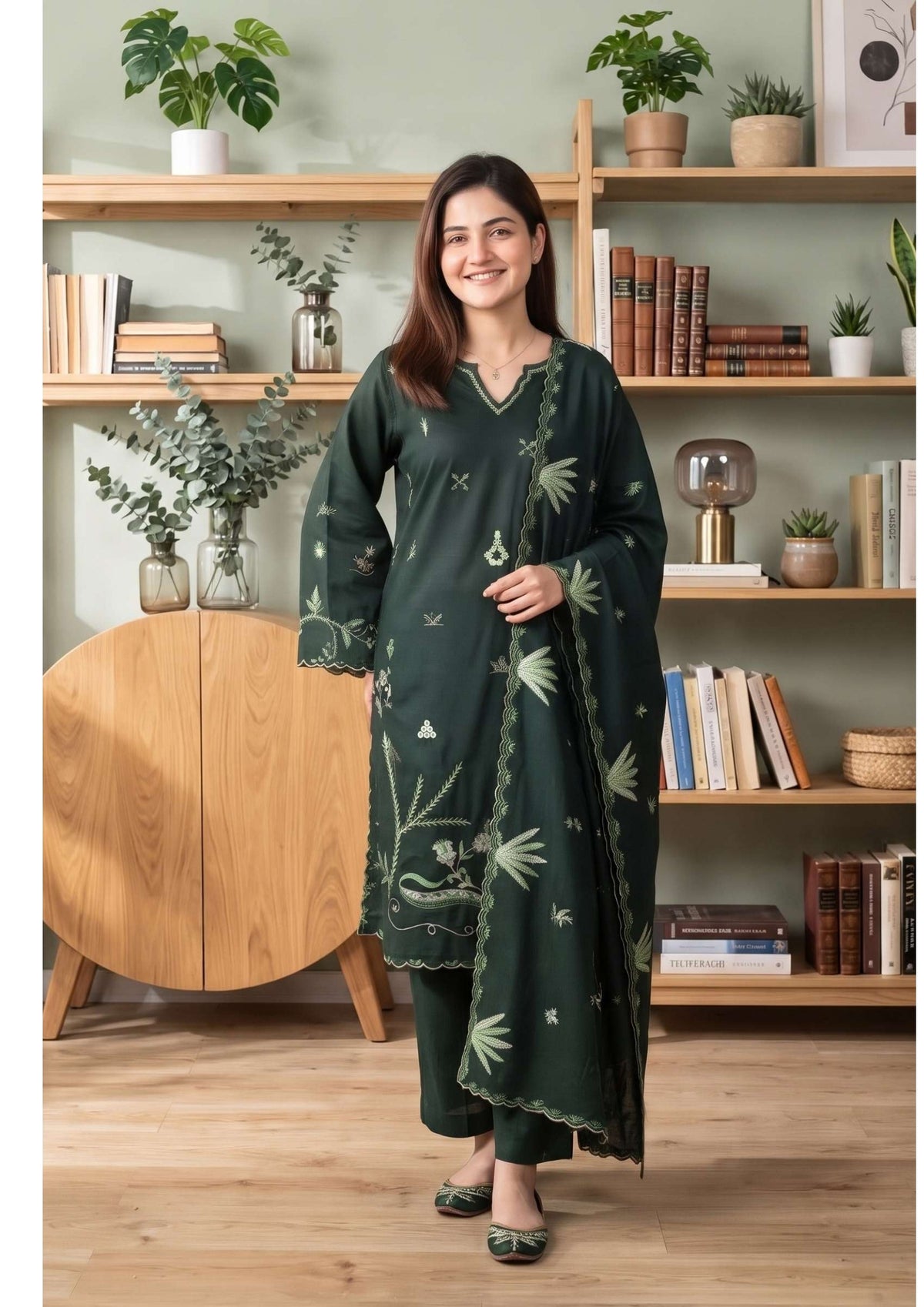 Tawakkal Aysana D-5872 Dark Emerald Green Embroidered Khaddar Pakistani Suit - Women Clothing Salwar Kameez for Mehendi &amp; Wedding Ceremonies Color: Dark Emerald / Forest Green