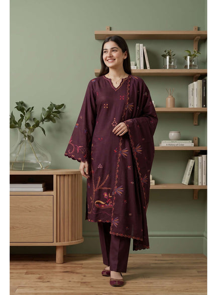 Tawakkal Aysana D-5875 Berry Plum Fancy Embroidered Khaddar Suit - Pakistani Salwar Kameez Women Clothing for Evening Wedding &amp; Parties