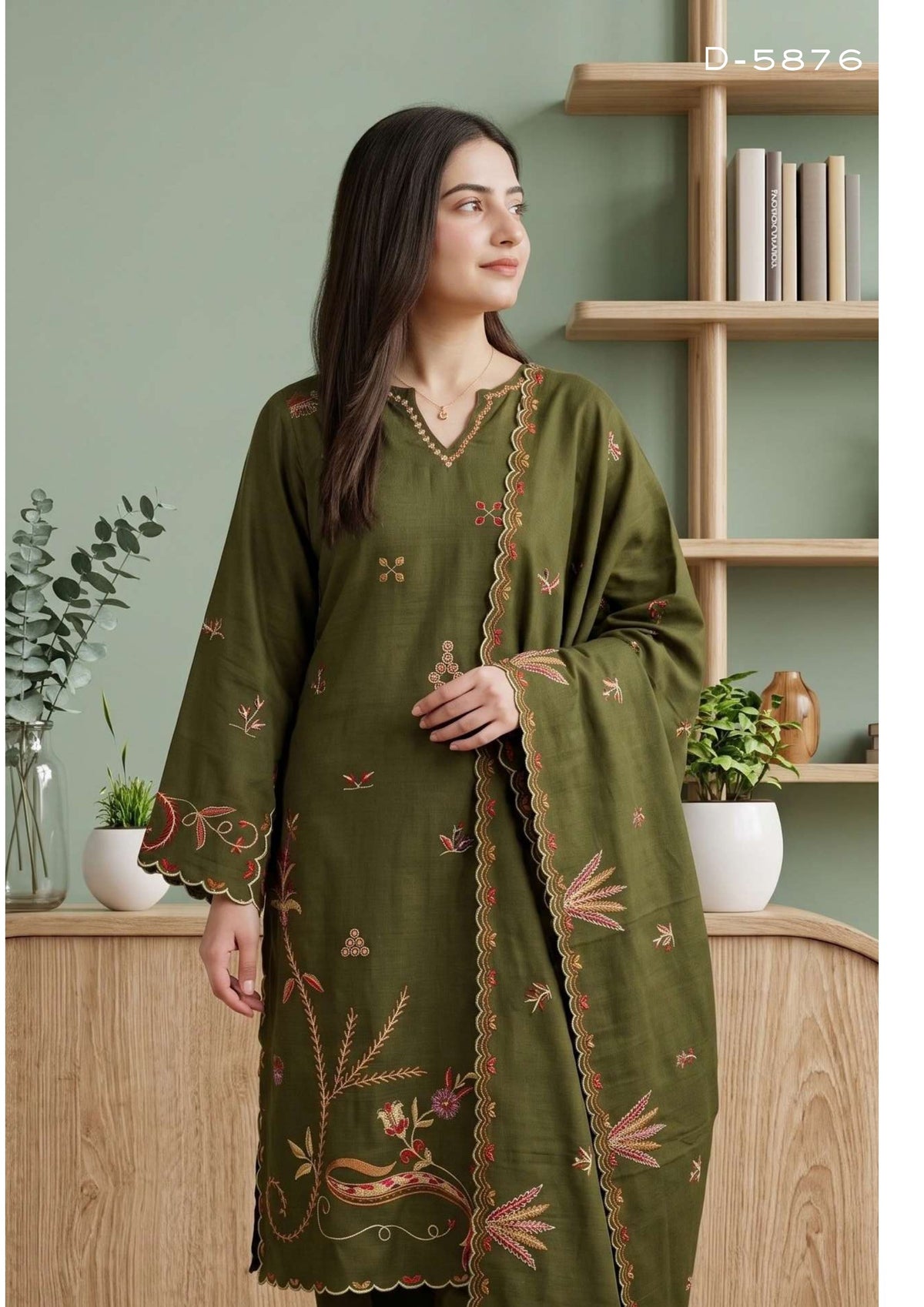 Tawakkal Aysana D-5876 Olive Moss Green Embroidered Khaddar Pakistani Suit - Women Clothing Salwar Kameez for Day Wedding &amp; Festive Gatherings
