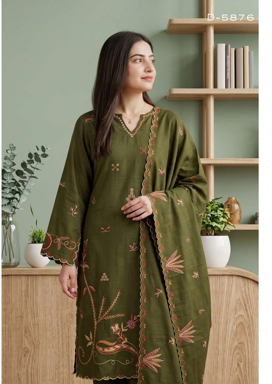 Tawakkal Aysana D-5876 Olive Moss Green Embroidered Khaddar Pakistani Suit - Women Clothing Salwar Kameez for Day Wedding &amp; Festive Gatherings