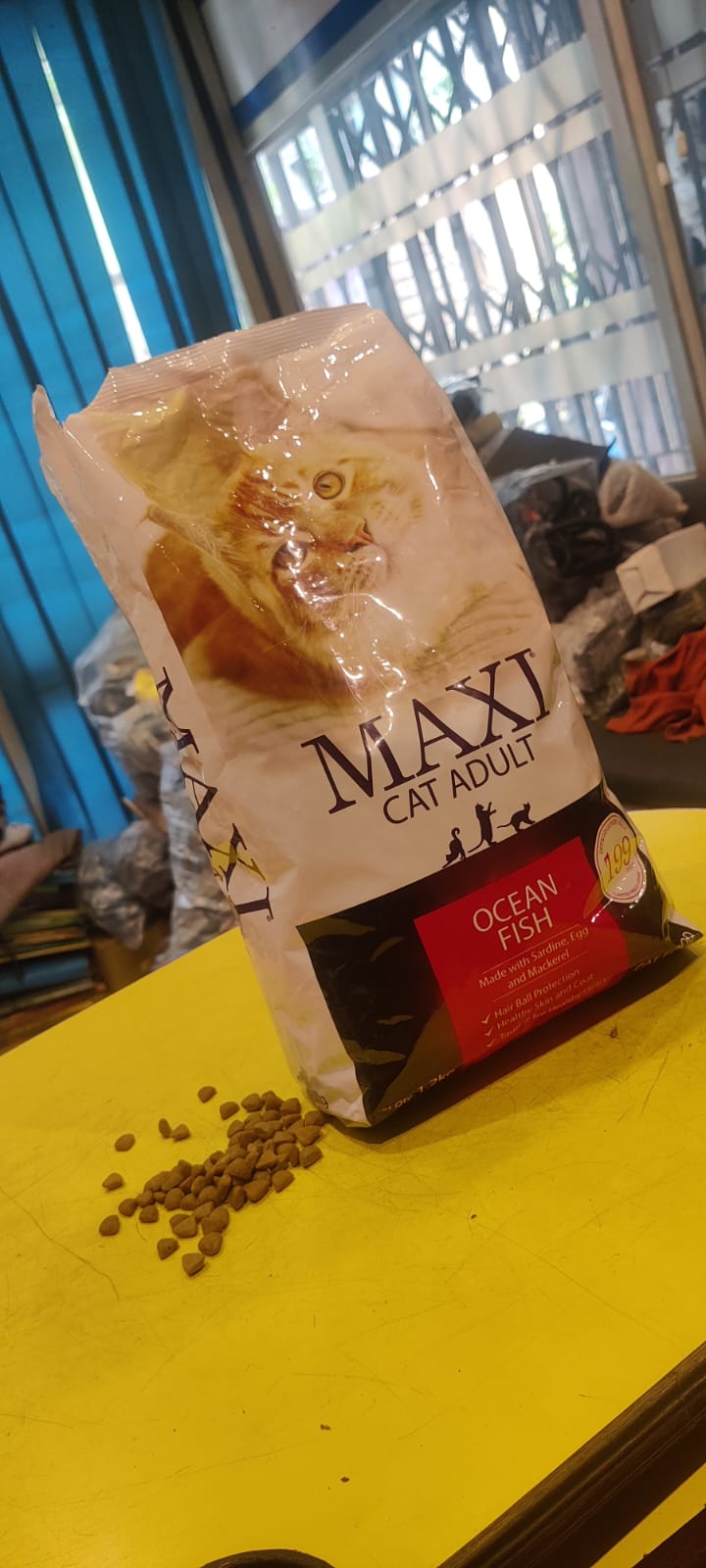Bag of Maxi Cat Adult Ocean Fish cat food on a yellow surface with scattered cat food.
