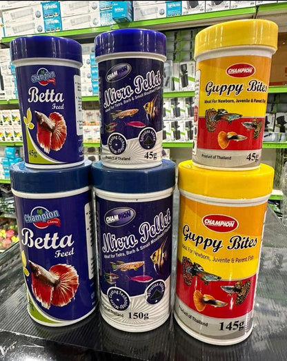 Champion Guppy Bites 145g: Specialized Growth &amp; Color Formula

Champion Guppy Bites 145g is a specialized and highly palatable dry food formulated to meet the unique nutritional needs of your guppies in your Kolkata aquarium. These small, soft pellets are designed for easy consumption and quick digestion, ensuring your guppies receive a complete nutrient package in every bite.