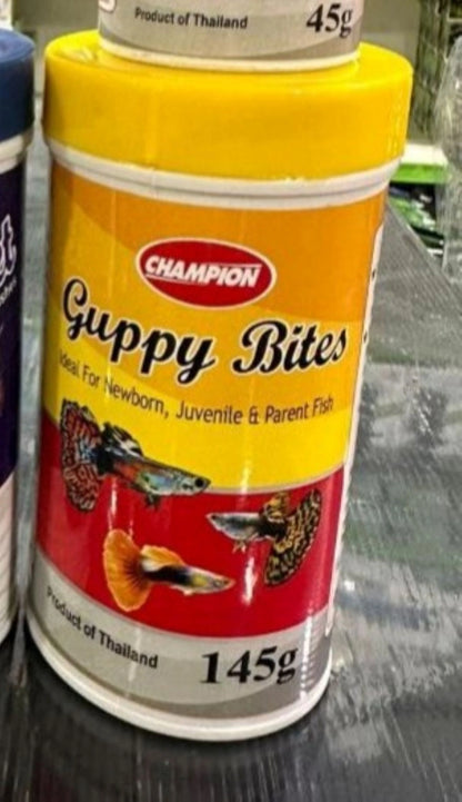 Champion Guppy Bites 145g: Specialized Growth &amp; Color Formula

Champion Guppy Bites 145g is a specialized and highly palatable dry food formulated to meet the unique nutritional needs of your guppies in your Kolkata aquarium. These small, soft pellets are designed for easy consumption and quick digestion, ensuring your guppies receive a complete nutrient package in every bite.