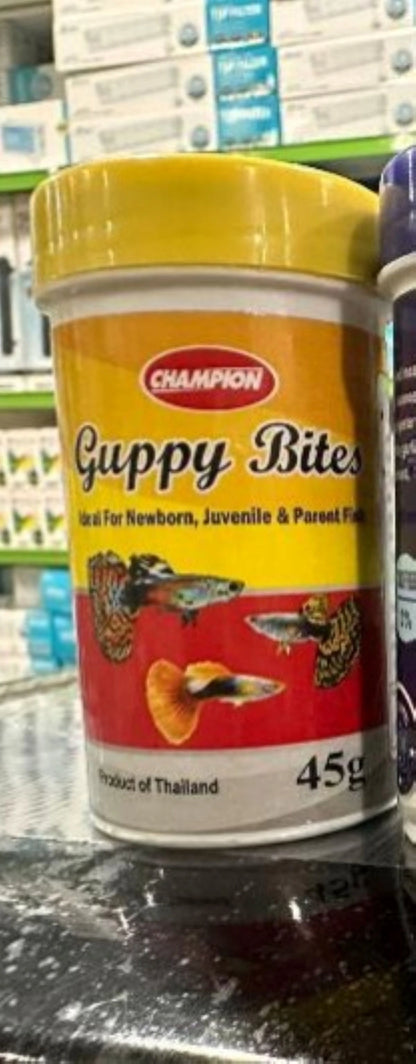Champion Guppy Bites 145g: Specialized Growth &amp; Color Formula

Champion Guppy Bites 145g is a specialized and highly palatable dry food formulated to meet the unique nutritional needs of your guppies in your Kolkata aquarium. These small, soft pellets are designed for easy consumption and quick digestion, ensuring your guppies receive a complete nutrient package in every bite.