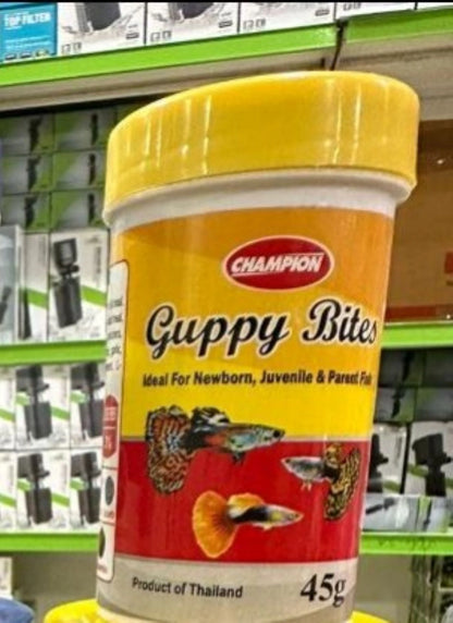 Champion Guppy Bites 145g: Specialized Growth &amp; Color Formula

Champion Guppy Bites 145g is a specialized and highly palatable dry food formulated to meet the unique nutritional needs of your guppies in your Kolkata aquarium. These small, soft pellets are designed for easy consumption and quick digestion, ensuring your guppies receive a complete nutrient package in every bite.