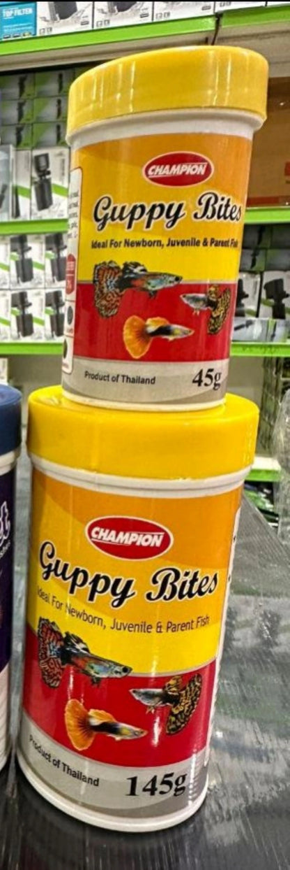 Champion Guppy Bites 145g: Specialized Growth &amp; Color Formula

Champion Guppy Bites 145g is a specialized and highly palatable dry food formulated to meet the unique nutritional needs of your guppies in your Kolkata aquarium. These small, soft pellets are designed for easy consumption and quick digestion, ensuring your guppies receive a complete nutrient package in every bite.