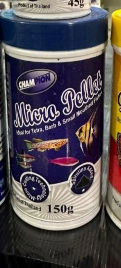 Champion Fish Food Micro Pellets 150g: Healthy Growth &amp; Vibrant Colors

Champion Micro Pellets 150g is a specially formulated and easily digestible food designed for small-mouthed fish and fry in your Kolkata aquarium, including Tetras, Guppies, Barbs, and other small tropical species. These tiny, soft pellets are packed with essential nutrients to support healthy growth and vibrant colors.