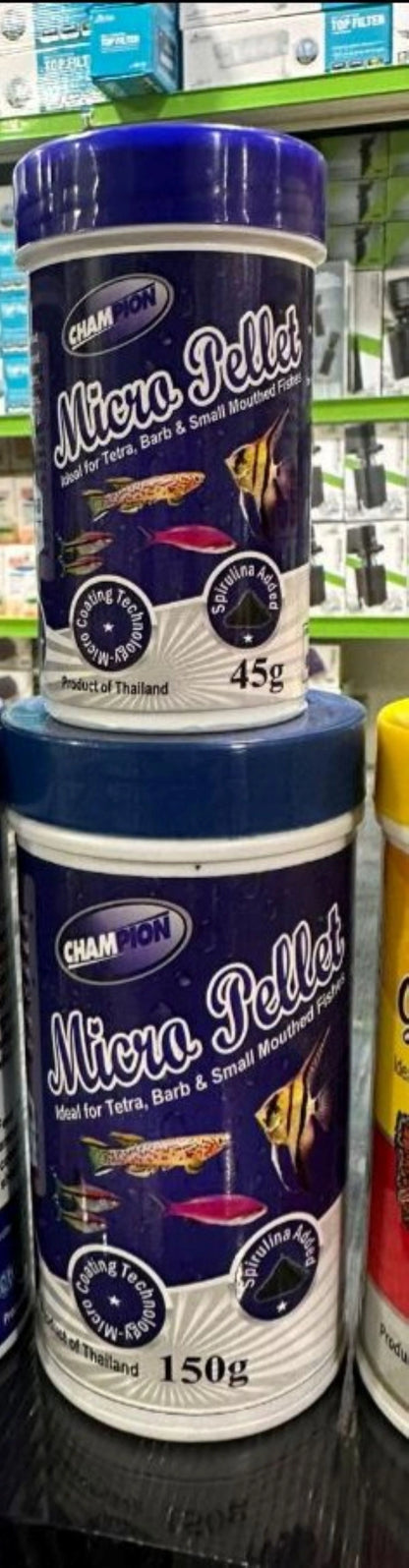 Champion Fish Food Micro Pellets 150g: Healthy Growth &amp; Vibrant Colors

Champion Micro Pellets 150g is a specially formulated and easily digestible food designed for small-mouthed fish and fry in your Kolkata aquarium, including Tetras, Guppies, Barbs, and other small tropical species. These tiny, soft pellets are packed with essential nutrients to support healthy growth and vibrant colors.