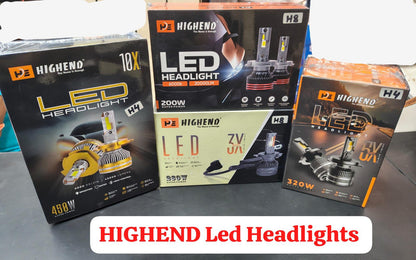 Three boxes of HIGHEND LED Headlights on a gray surface with 'HIGHEND Led Headlights' text overlay.